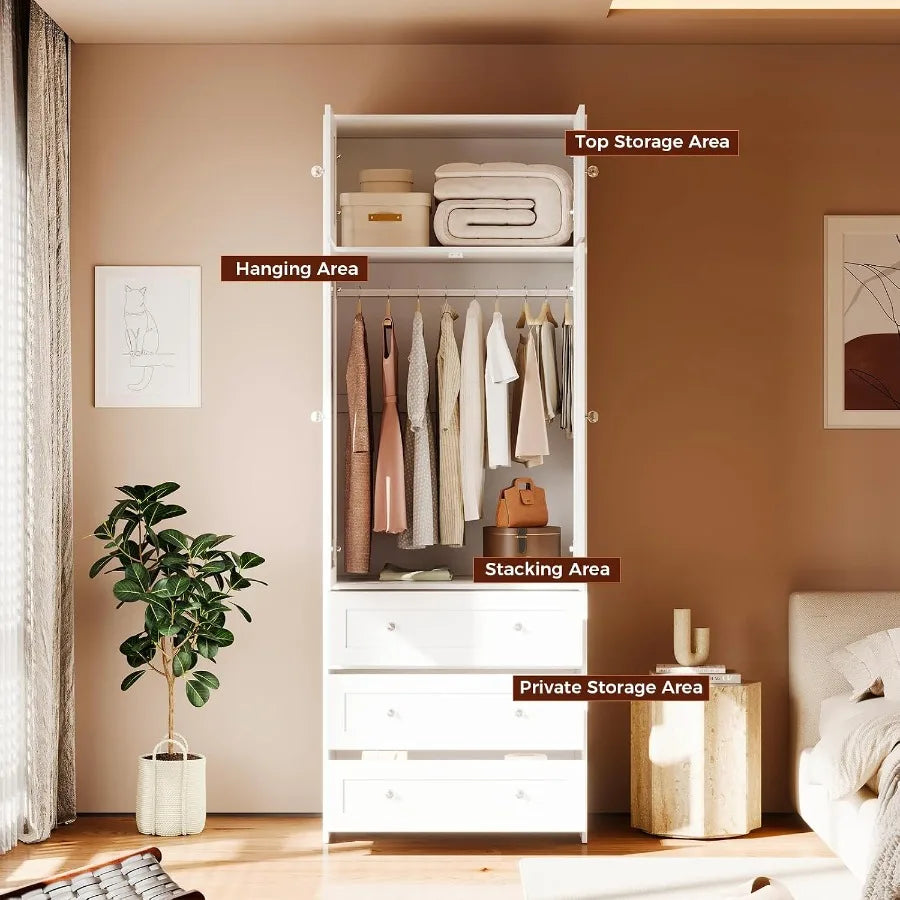 Cutaway-style wardrobe view with clothes hanging below folded linens and three lower drawers.