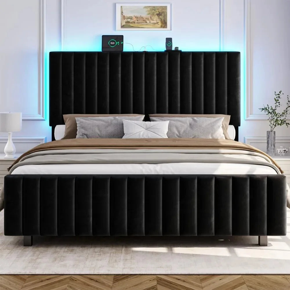 Front view of Veltrenne Black bed with vertical channels and LED-lit headboard