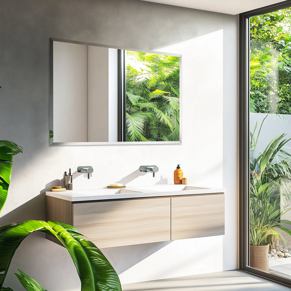 Frameless Beveled Rectangle Wall Mirror – Modern Silver Finish