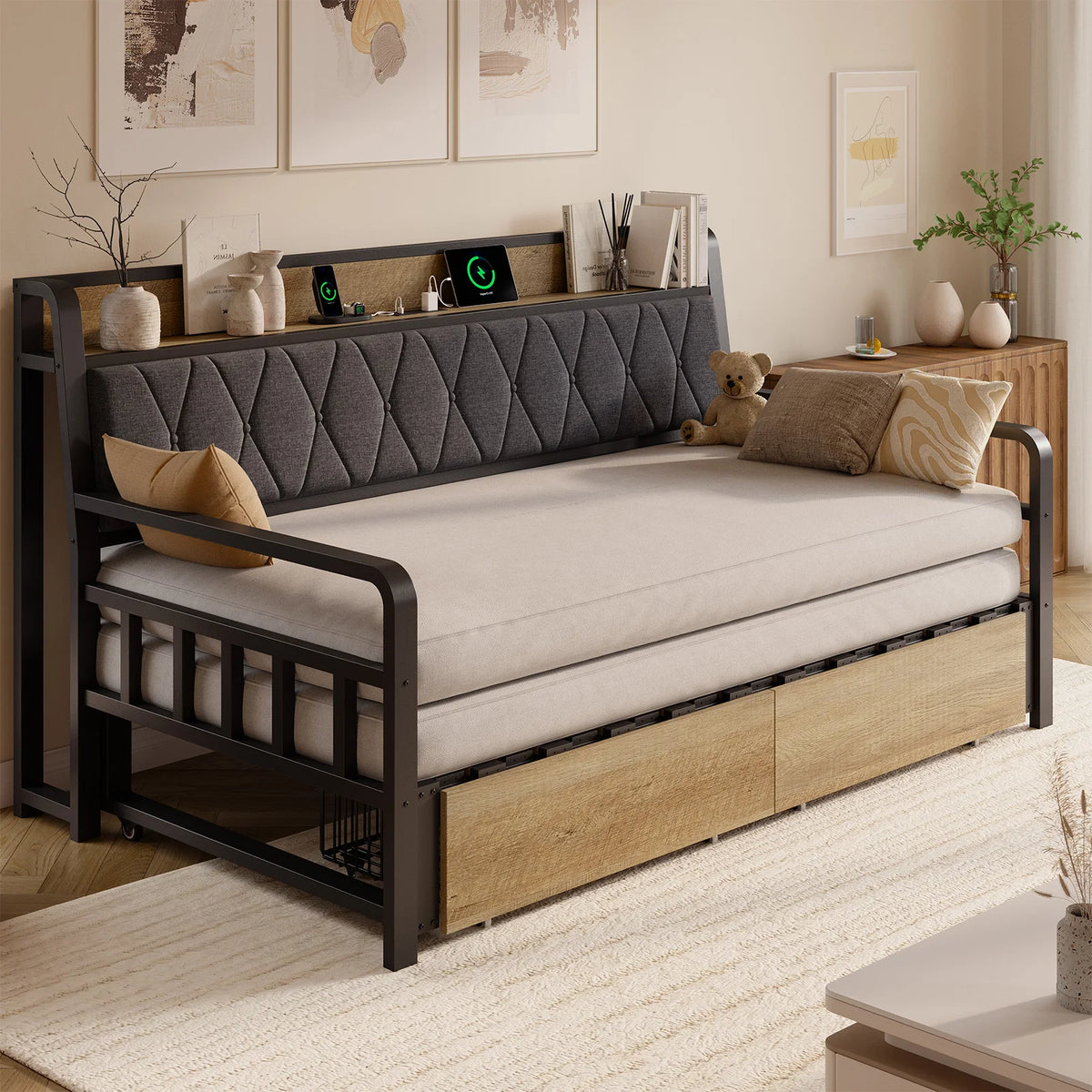 Chimeline Black daybed in its compact configuration with two storage drawers.