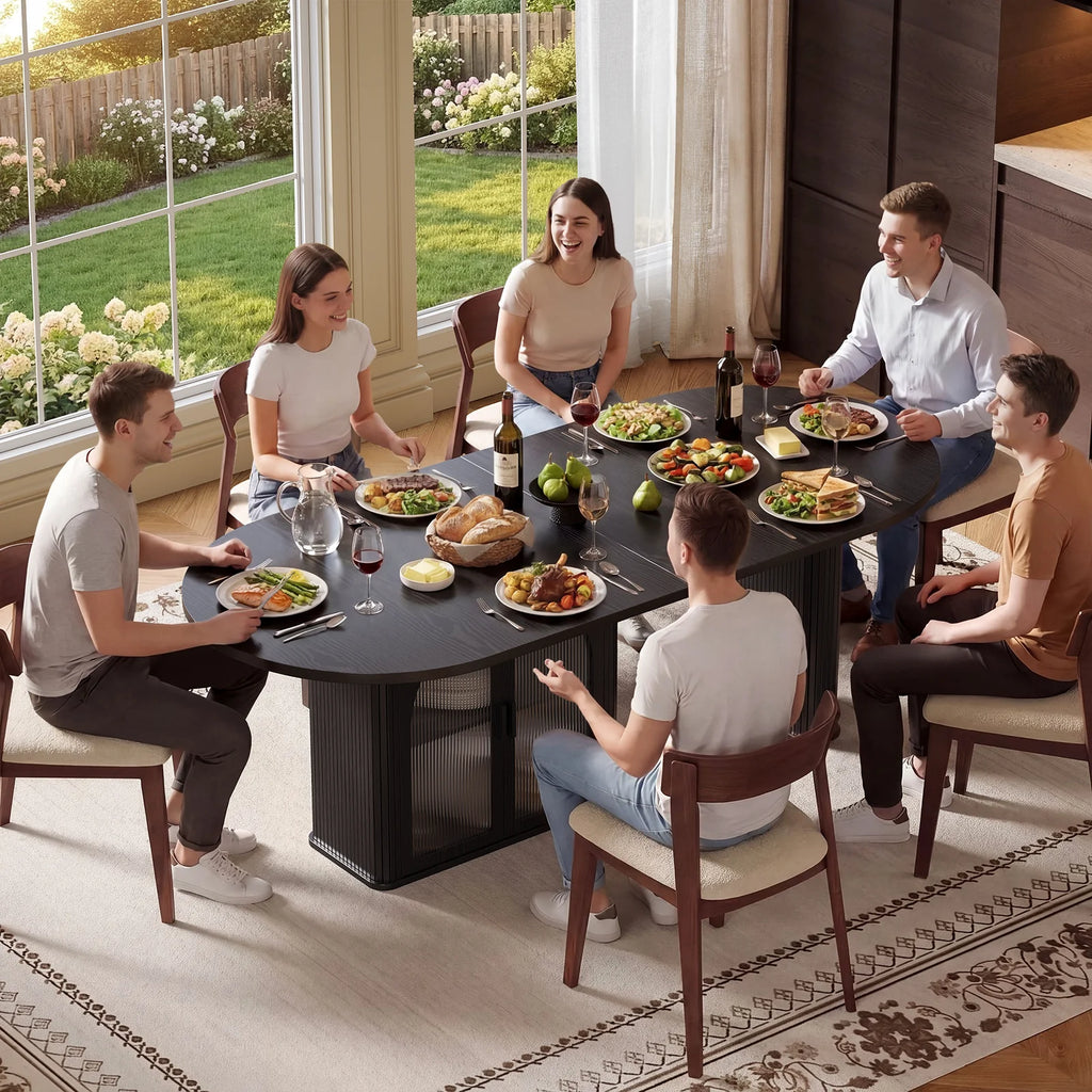 Duskhalo Black oval dining table shown with six dining chairs.