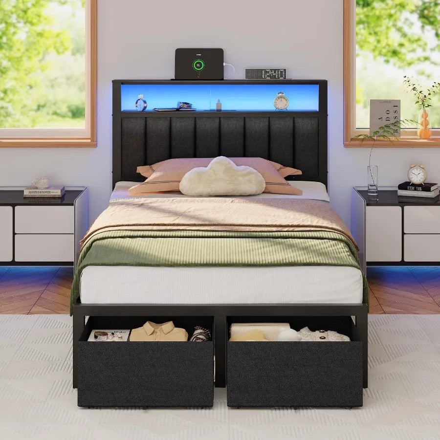 Dark gray twin bed with a lit shelf headboard and two foot-end fabric drawers