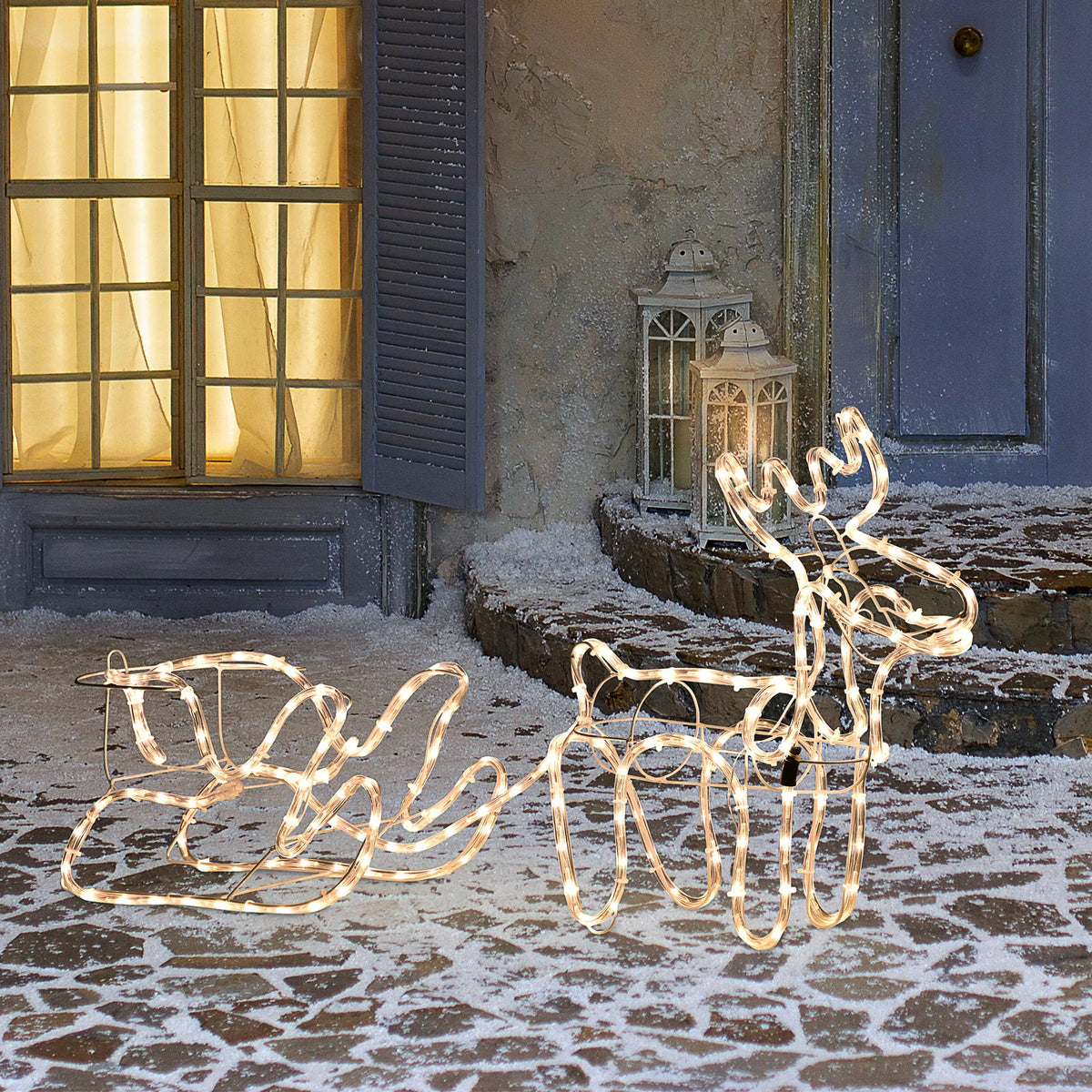 Sleighglow reindeer and sleigh light display in an outdoor holiday setting