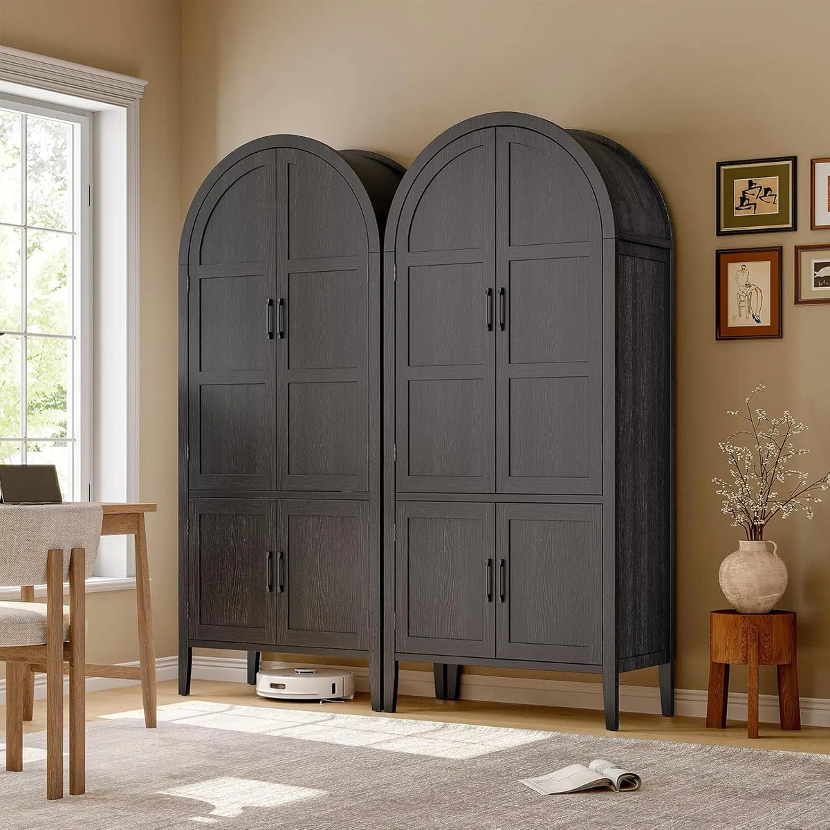 Two Serenadesong black pantry cabinets displayed side by side