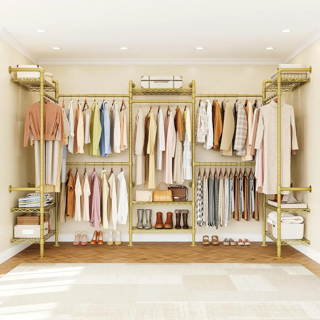 Everhalo gold-tone closet system with three shelf towers and seven hanging bars.