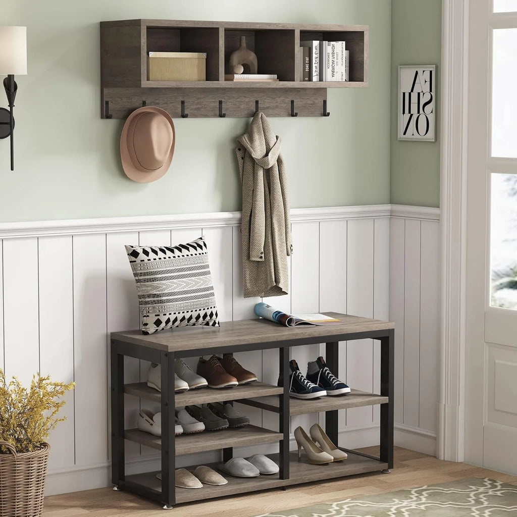 Grey Coat Rack Shoe Bench Set