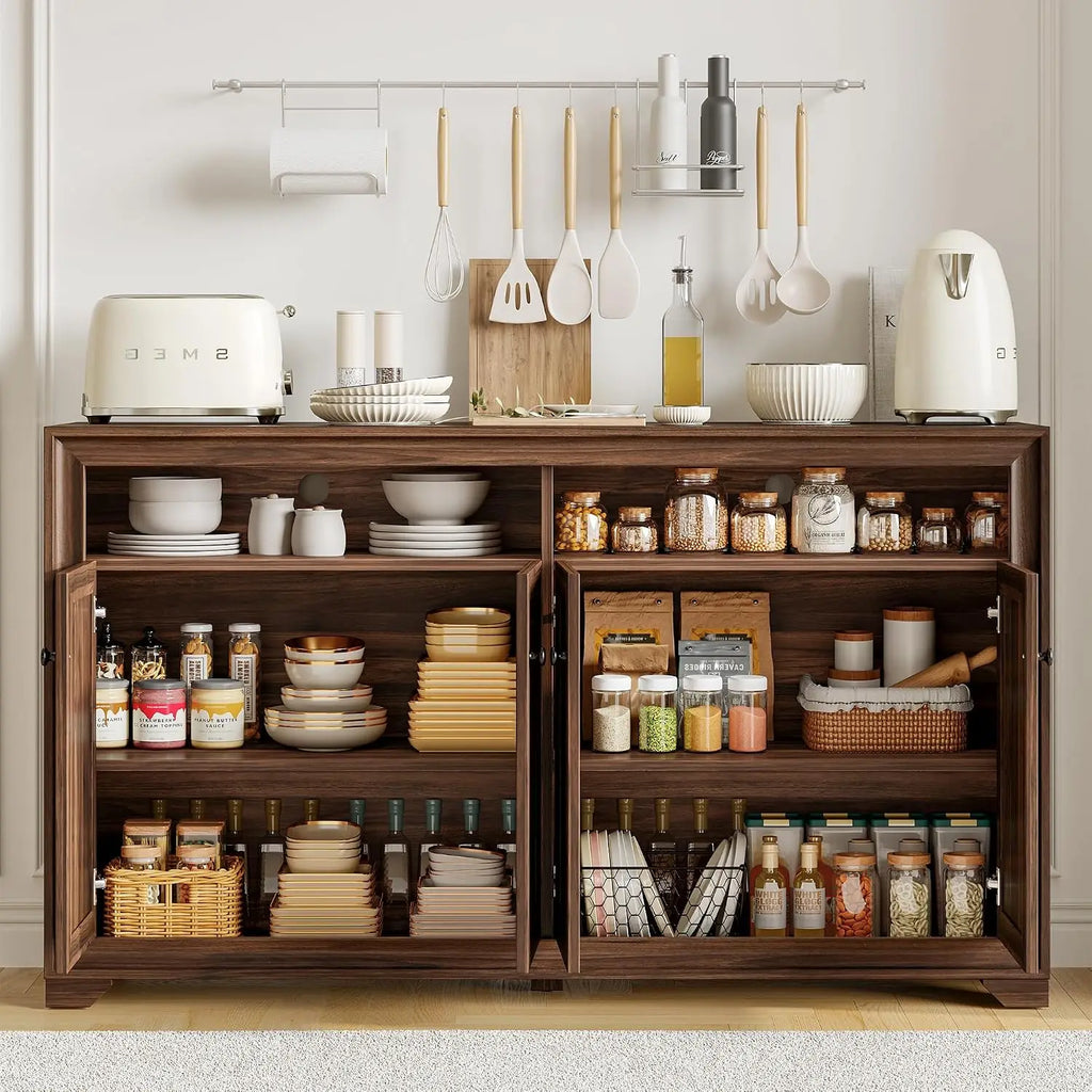 Bramblenote sideboard with four doors open to two adjustable shelves and lower storage.