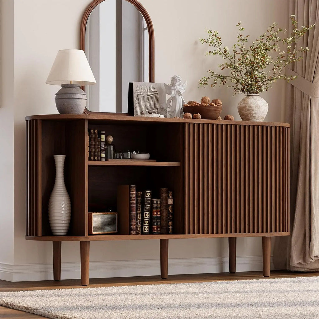 Liltcrest sideboard with the left sliding door open and storage shelves visible
