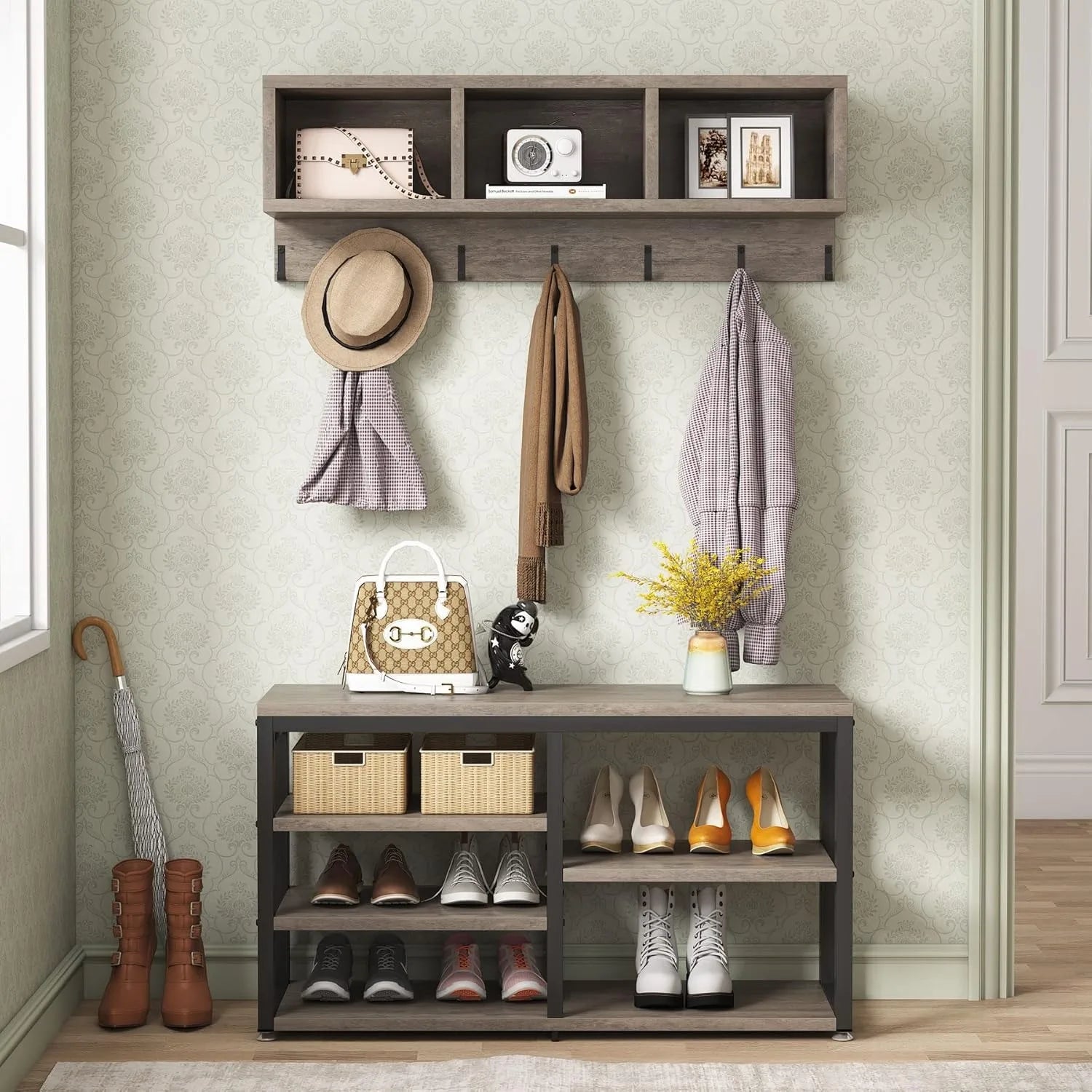 Grey Coat Rack Shoe Bench Set