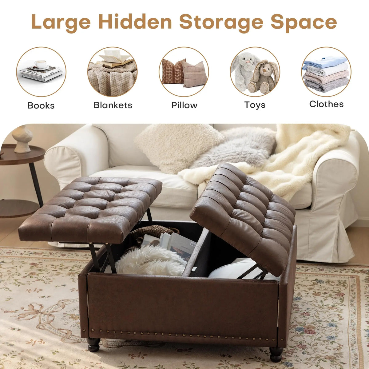 Hearthlift two hidden storage compartments shown with blankets and living-room essentials.