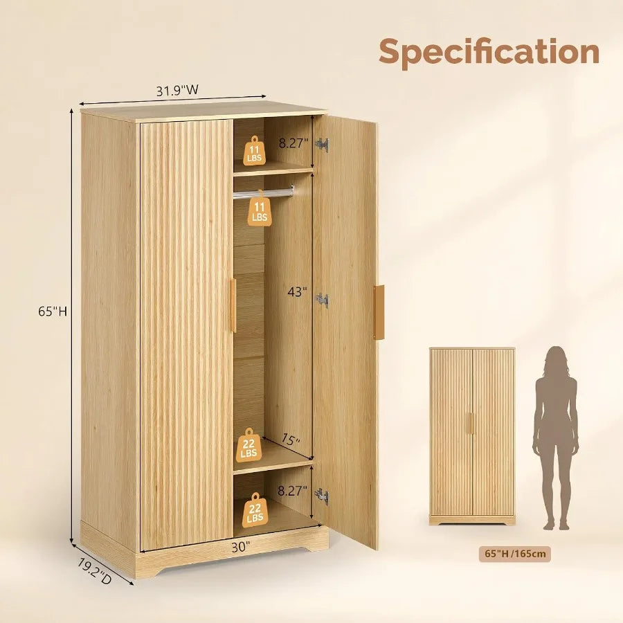 Wardrobe measurement diagram showing 31.9 by 19.2 by 65 inches