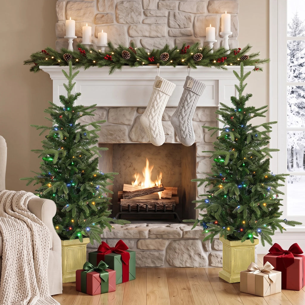 Aspenglow paired entryway trees displayed in a holiday setting