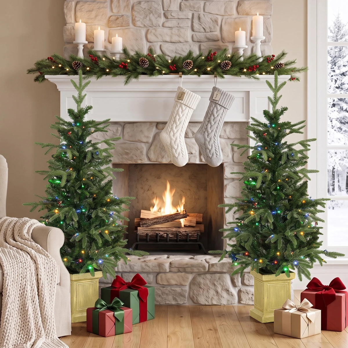 Aspenglow paired entryway trees displayed in a holiday setting