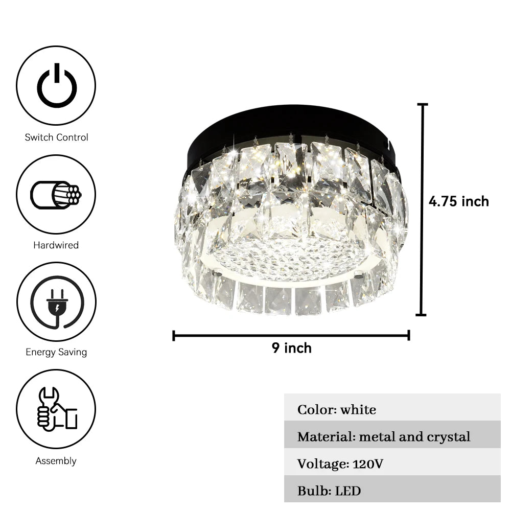 Glacielle: Ceiling light specifications showing 9 in diameter, 4.75 in height, LED lighting and a hardwired connection