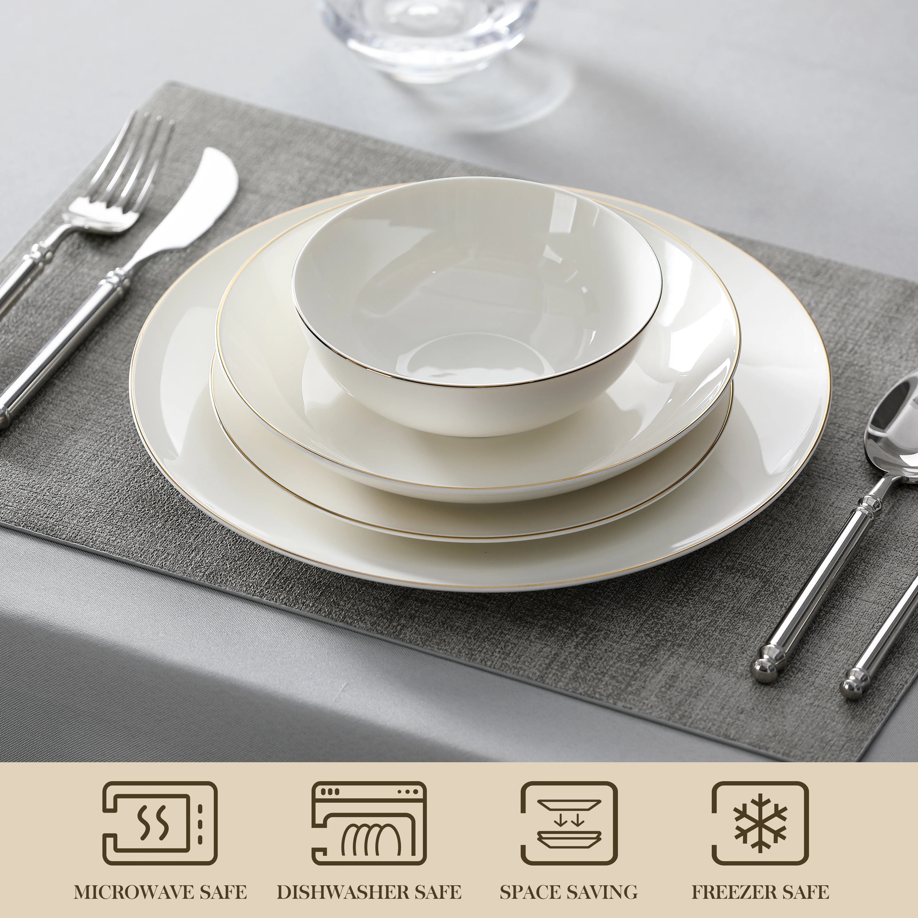 MALACASA Jera Gold Trim - Round Bone China Dinnerware Set - 16 or 32 Pieces