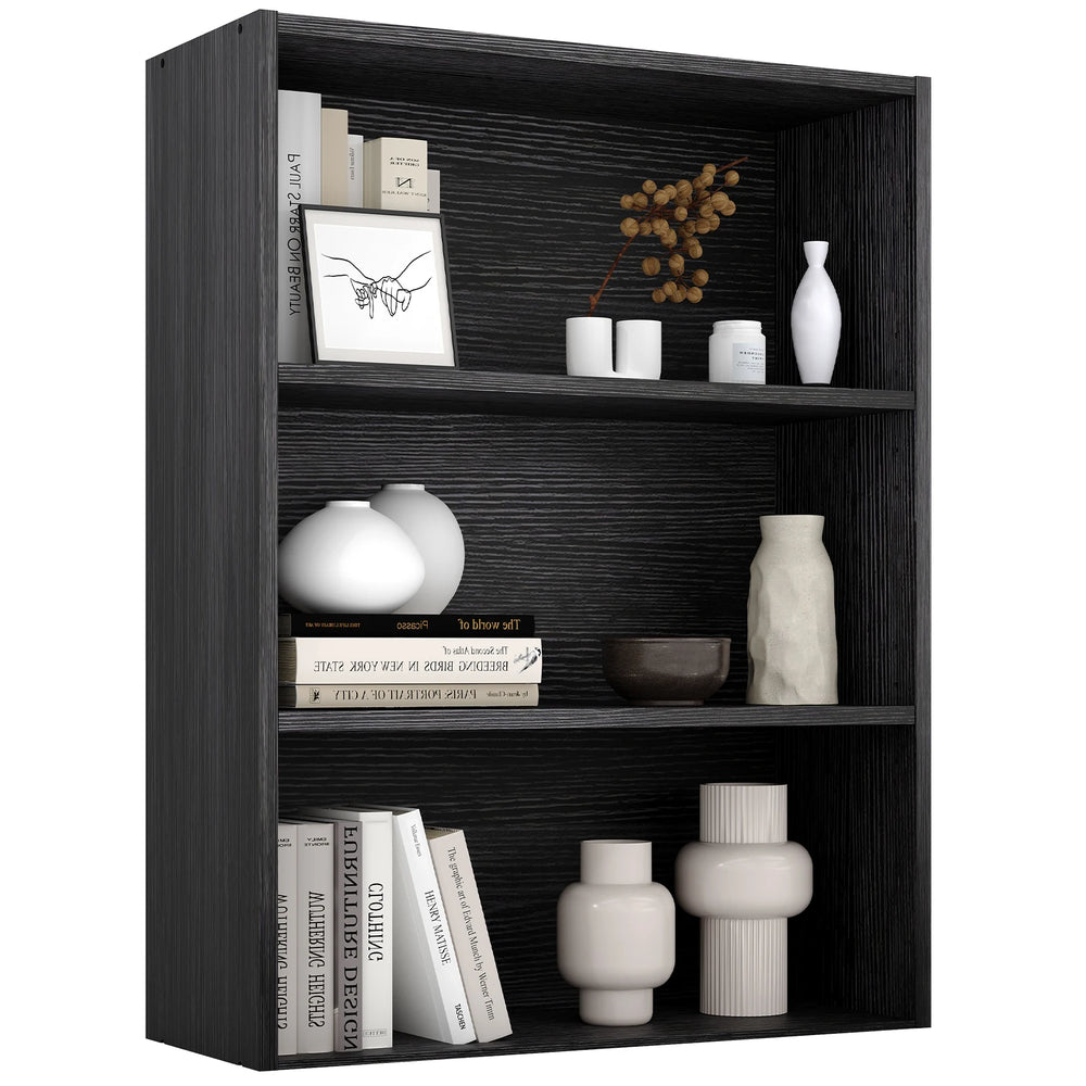 Quillrise black bookcase with three open storage compartments and a paneled back