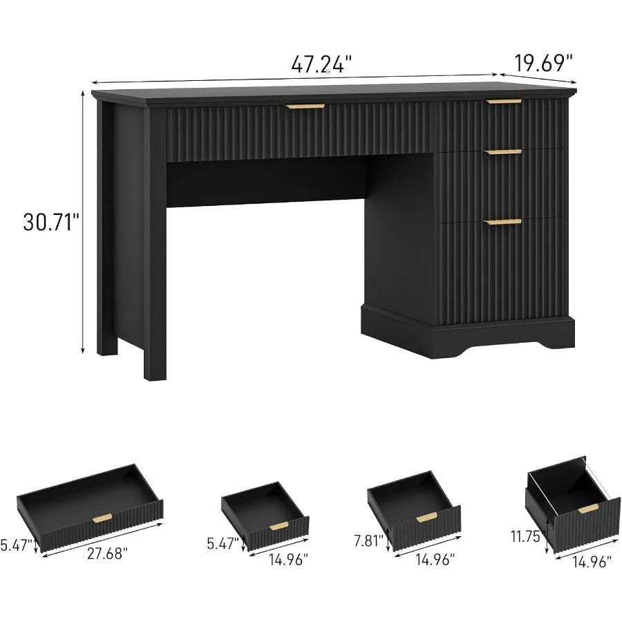 Dimension illustration showing the desk and its wide drawer plus three narrower storage drawers.