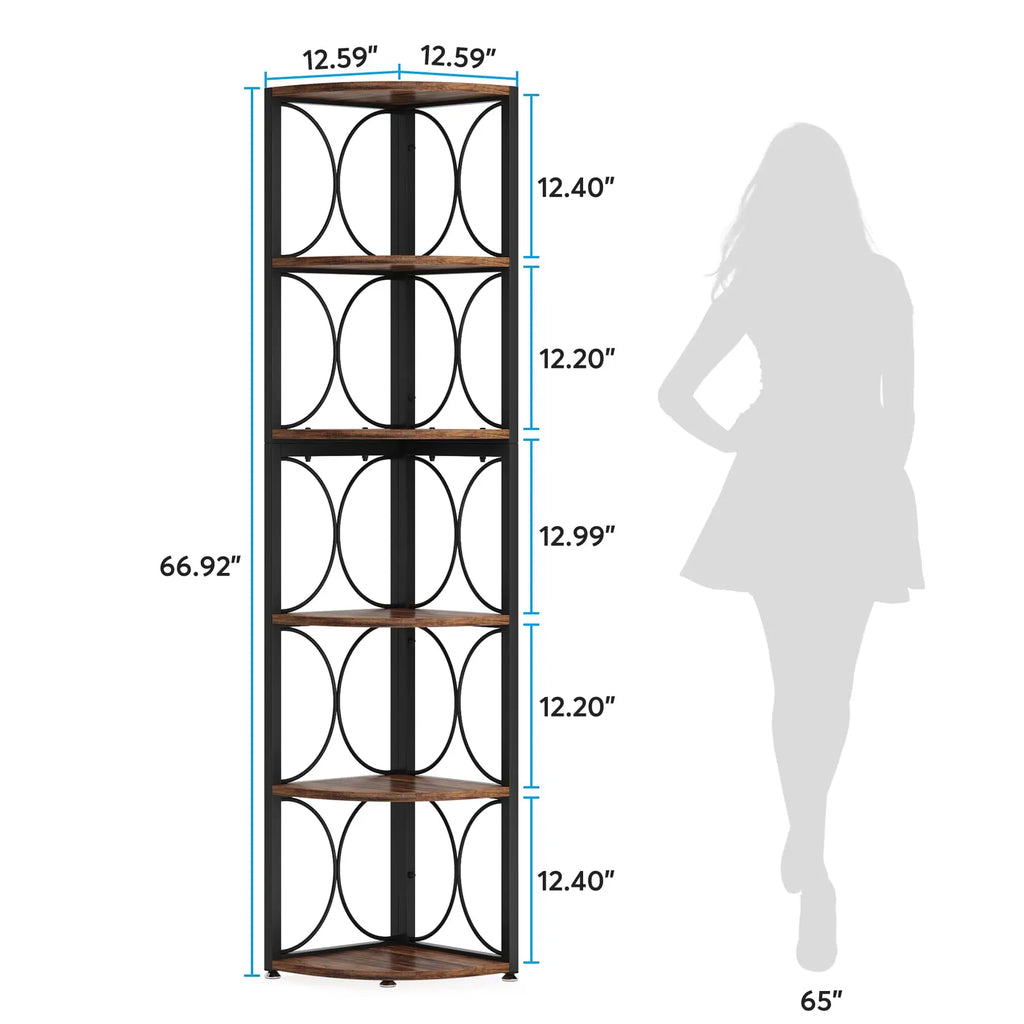 Corner bookshelf with dimensions and a silhouette of a person for scale.