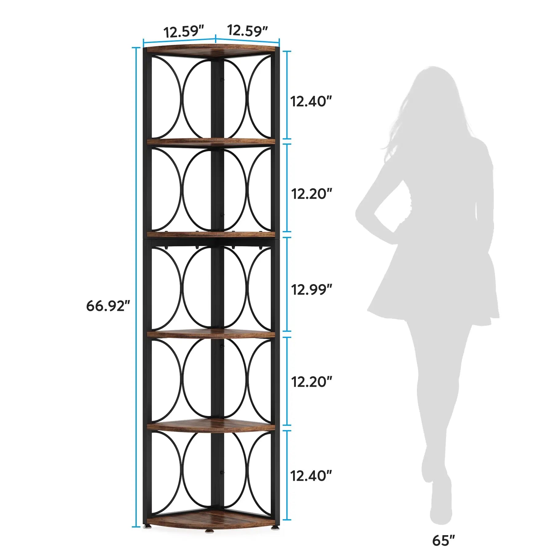 Corner bookshelf with dimensions and a silhouette of a person for scale.
