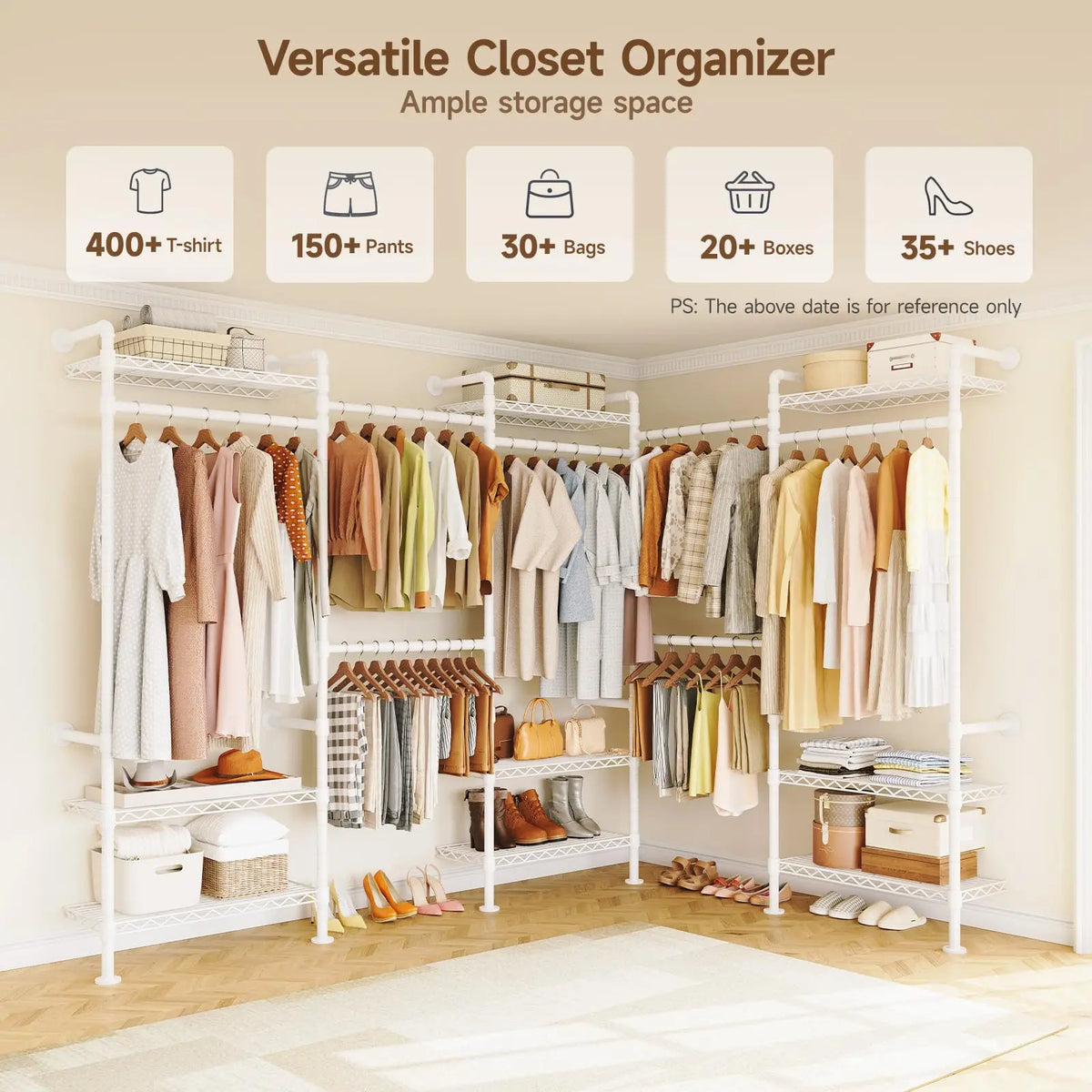 Everhalo white closet system displaying clothes, shoes and storage baskets.