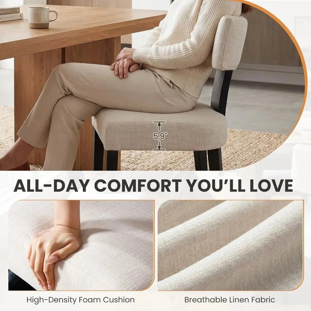 Sevrin close-up graphic identifying linen upholstery and high-density foam seat cushioning