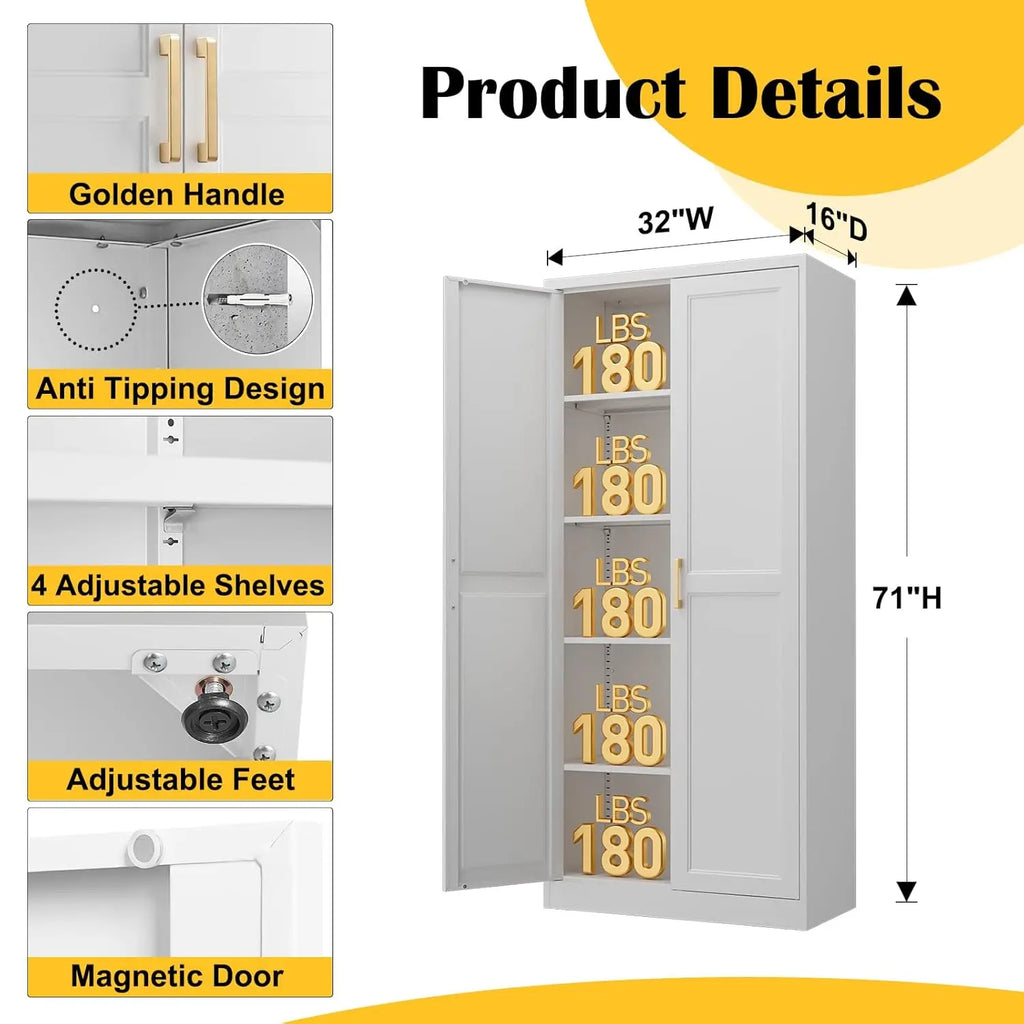 Evrienne cabinet dimensions and close-ups of handles, shelf mounts, leveling feet and magnetic door closure