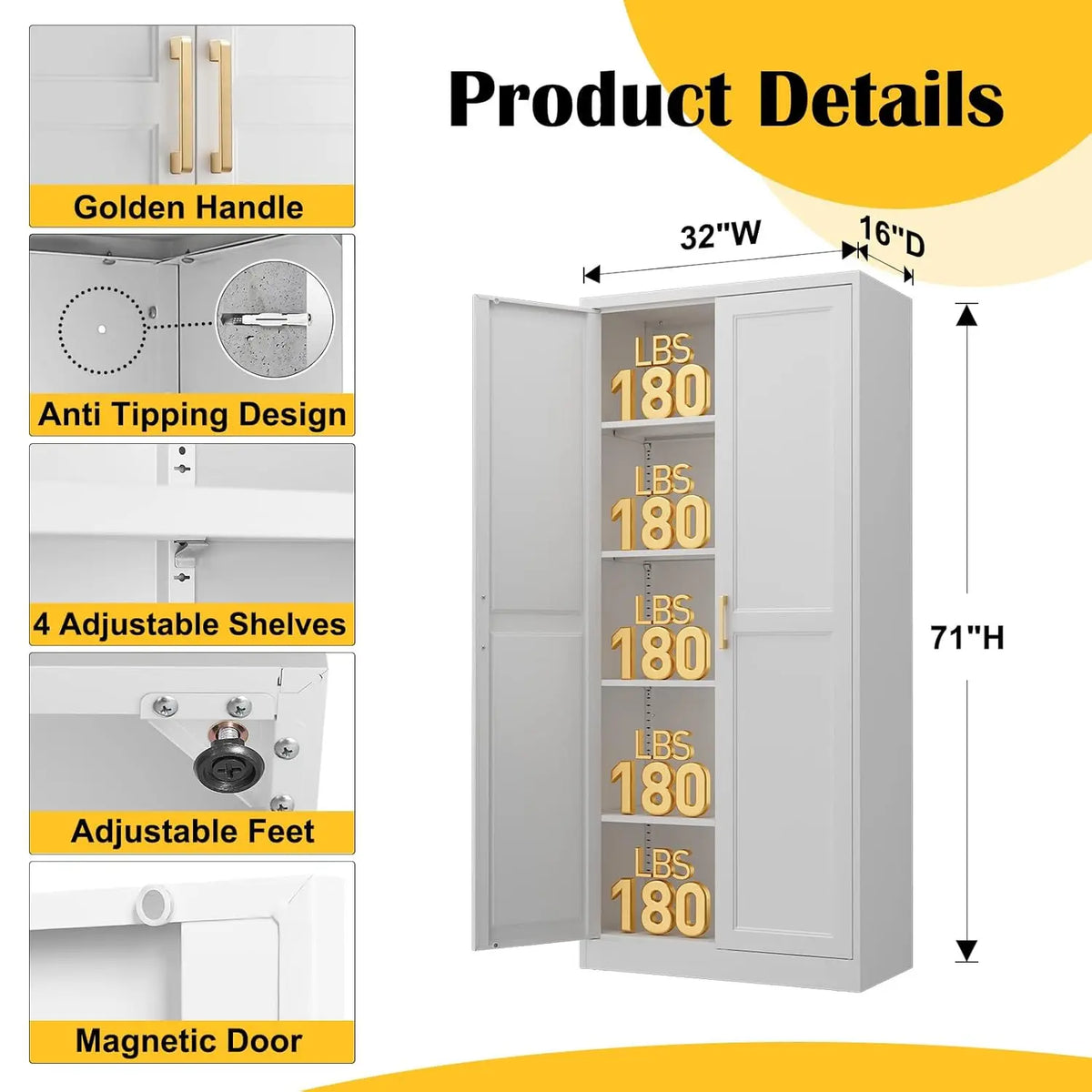 Evrienne cabinet dimensions and close-ups of handles, shelf mounts, leveling feet and magnetic door closure
