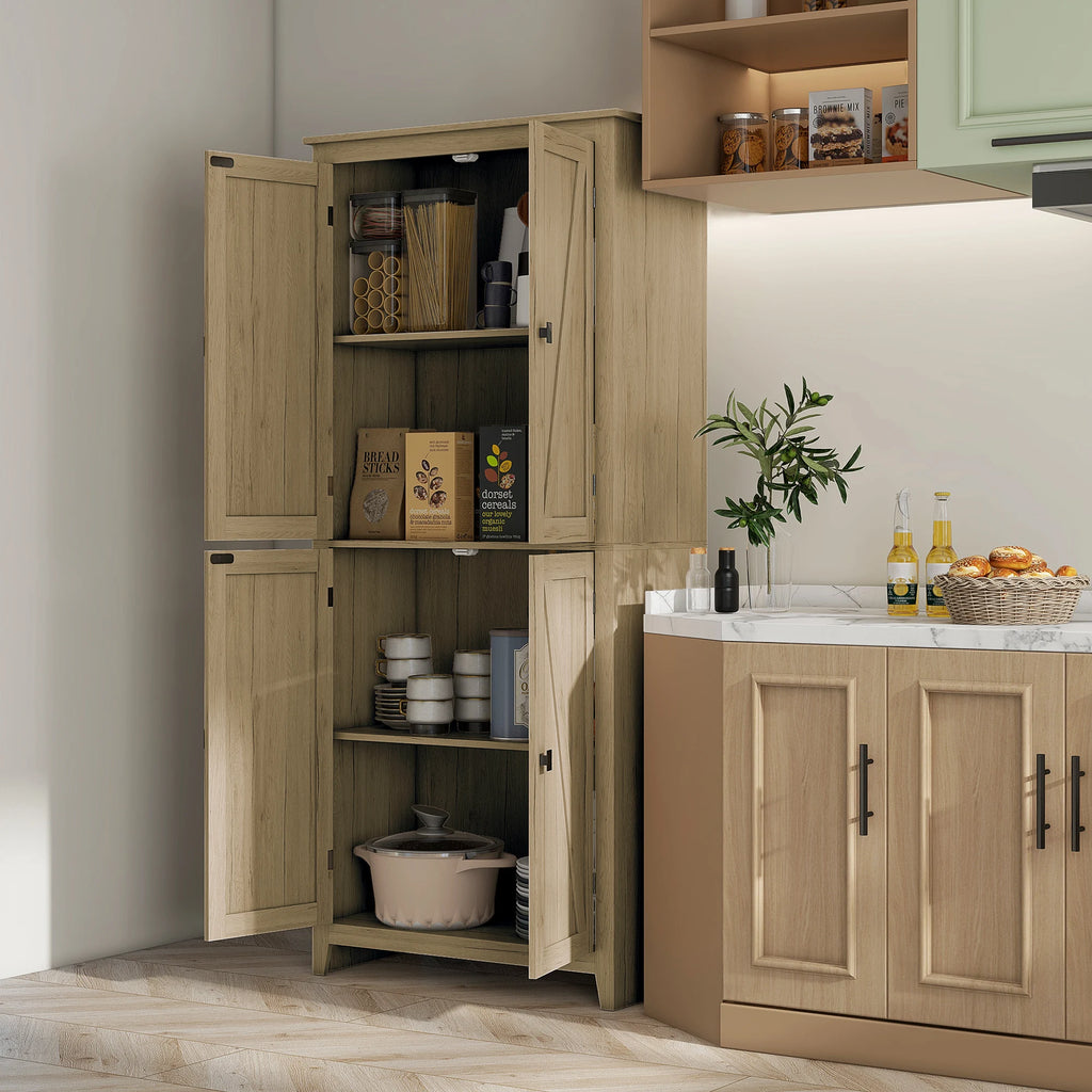 Wonderhalo pantry cabinet with upper and lower doors open in a kitchen