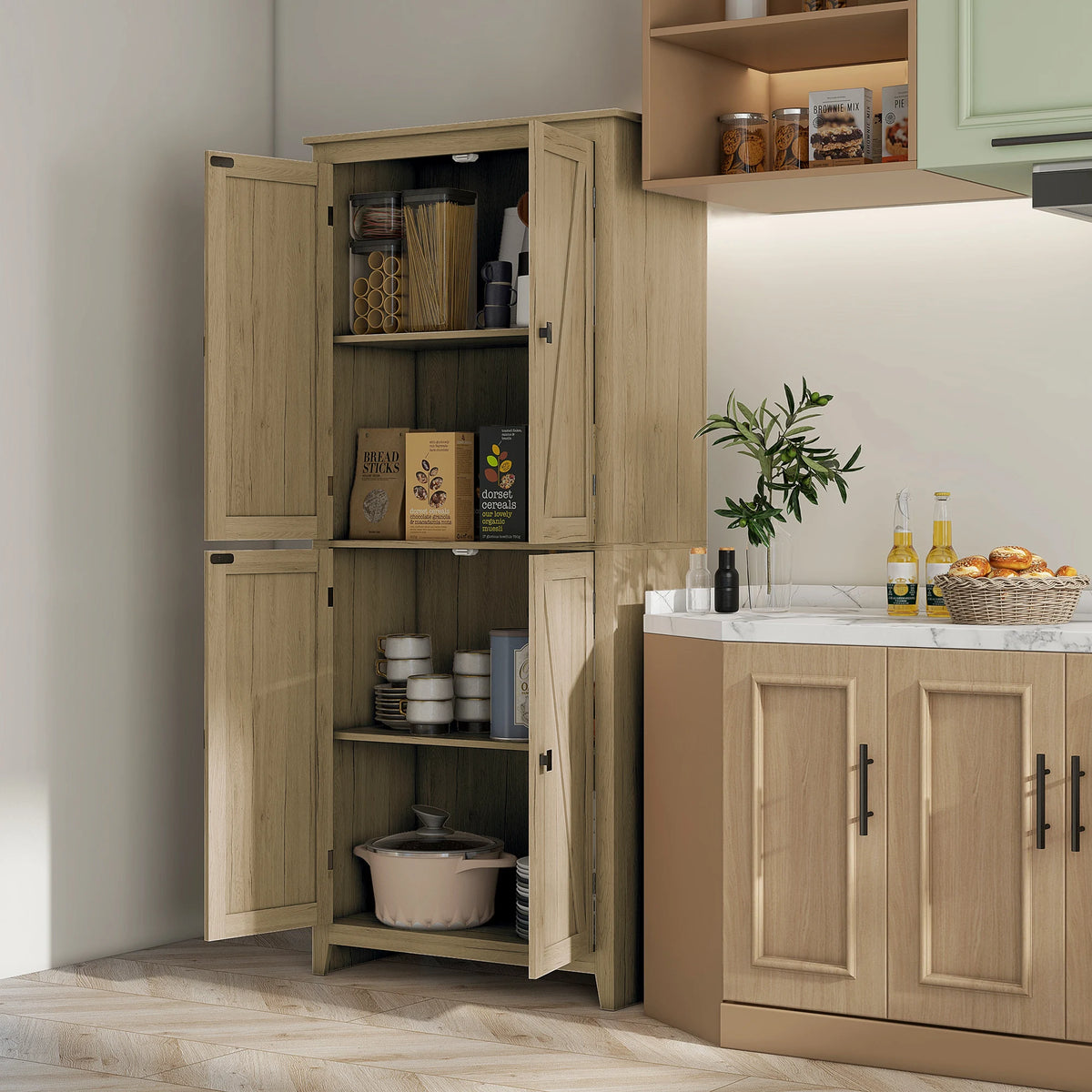 Wonderhalo pantry cabinet with upper and lower doors open in a kitchen