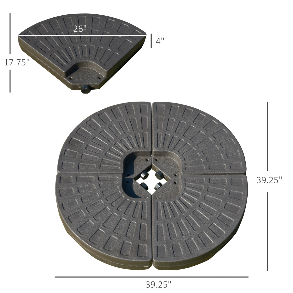 Radianceecho dimensions showing 39.25-inch overall footprint and 26 by 17.75 by 4-inch plates