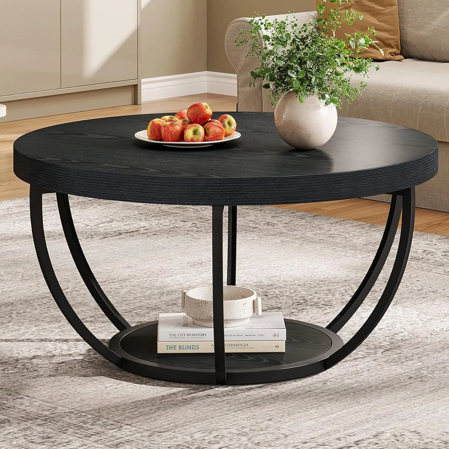 Black Round Coffee Table with Sculptural Frame