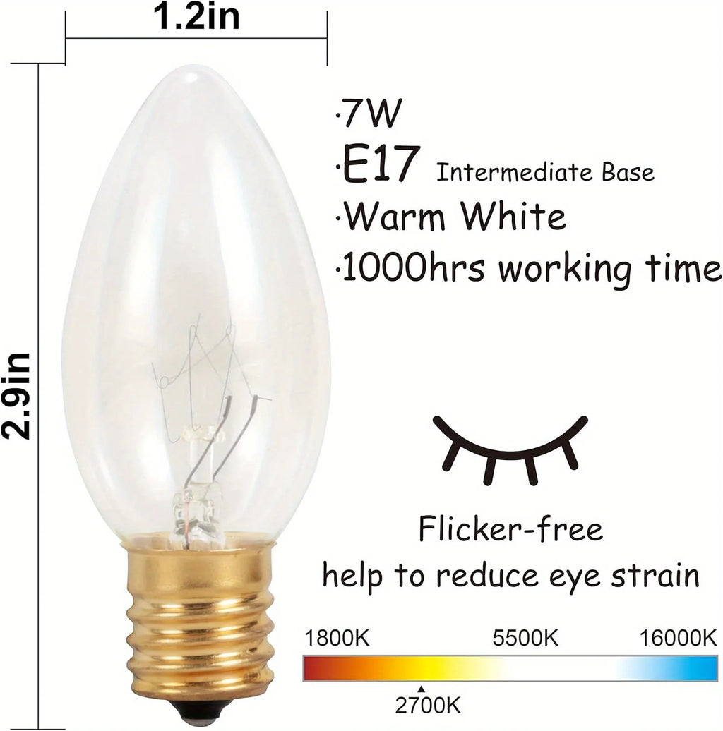 Glowtrail replaceable C9 bulb and E17-base specification graphic.