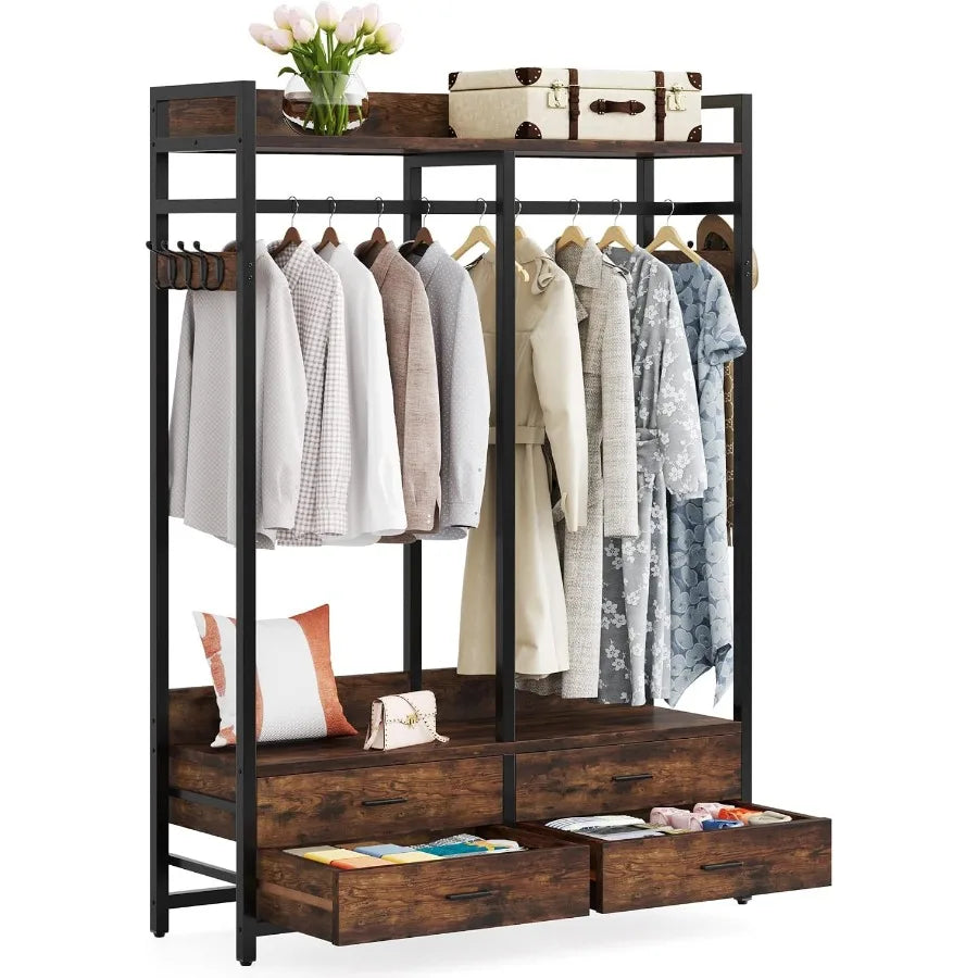 White-background view of the black-framed garment rack with two lower drawers open and clothing on the rail.