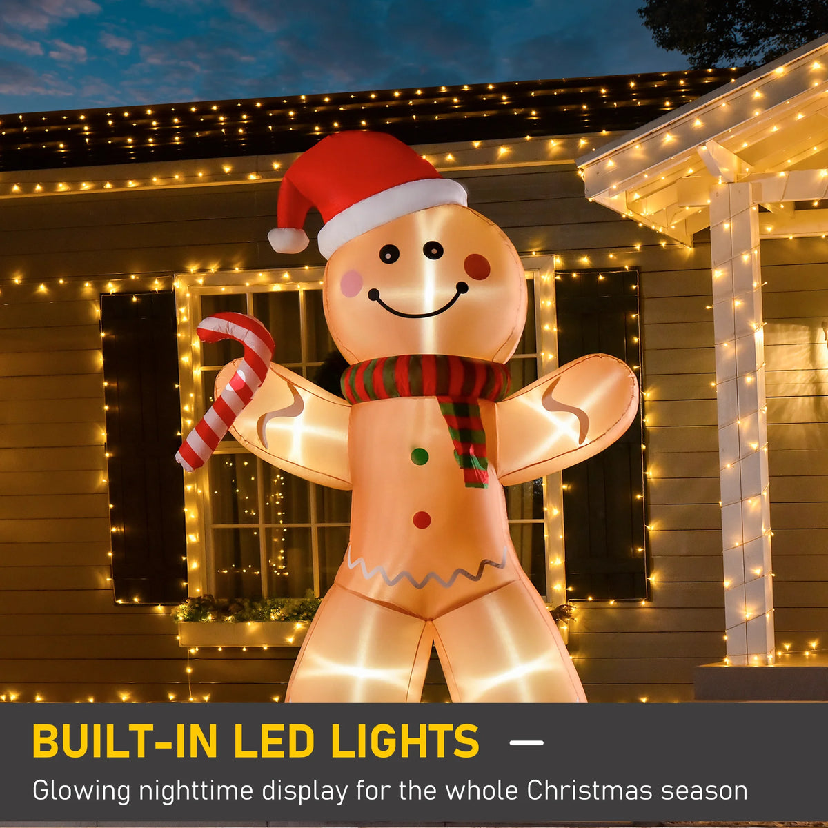 Built-in LED lighting illuminating the Gingercheer gingerbread inflatable