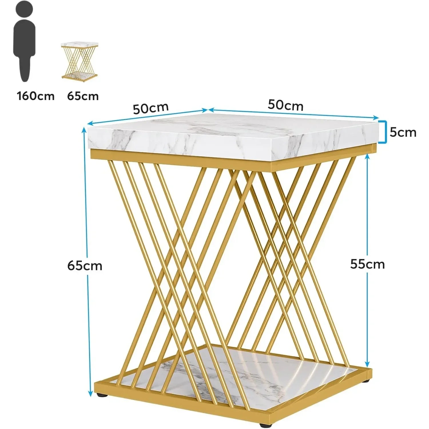 Gold side table with marble top and dimensions shown relative to a person