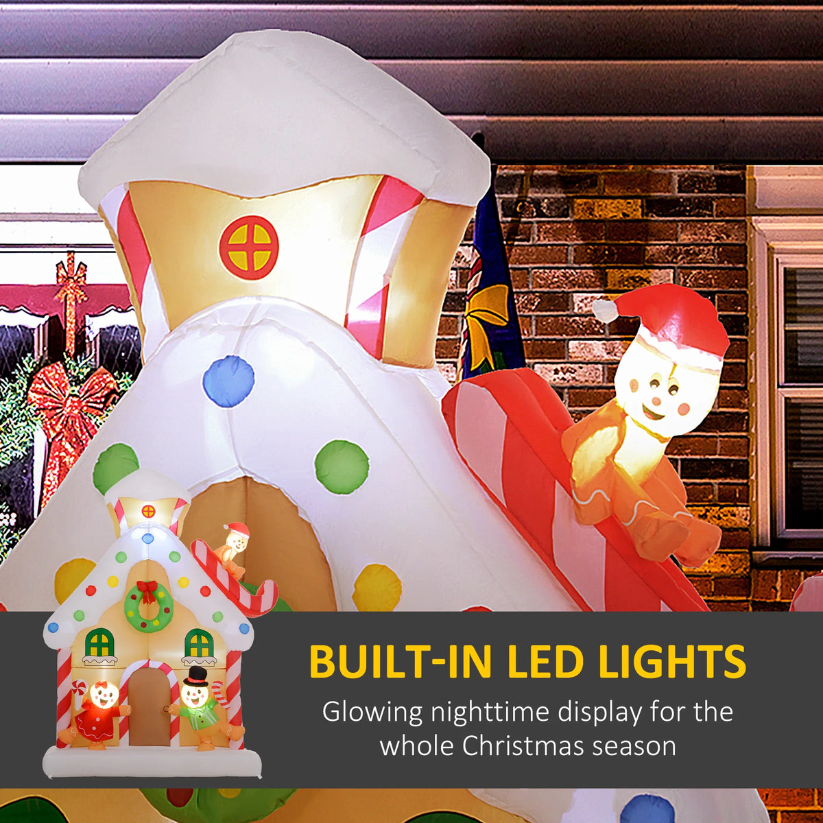Built-in white LEDs illuminate Gingerhaven's roof and attached gingerbread figure