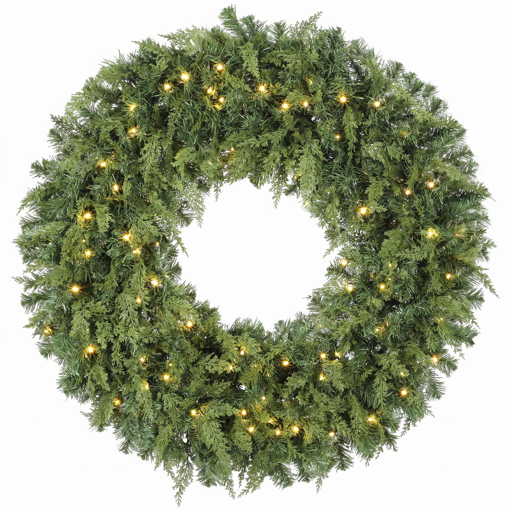 Cedarwick pre-lit Christmas wreath with cedar-style greenery and warm white lights
