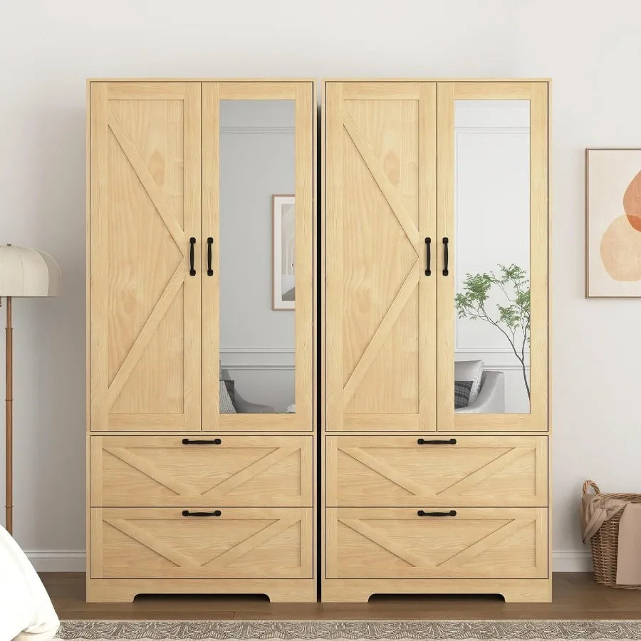 Two matching mirrored wardrobes displayed together with doors and drawers closed; two separate units are pictured.