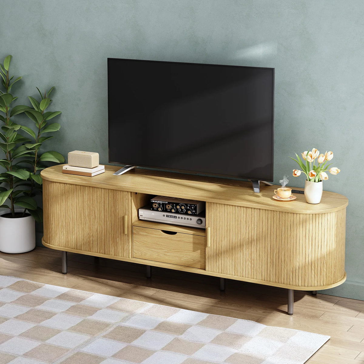 Opalray oak TV stand with media equipment