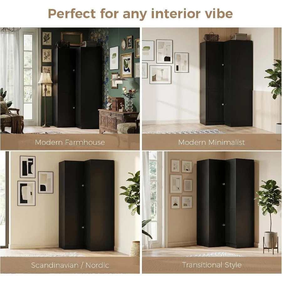Four-room collage showing the black corner wardrobe in different interior styles.