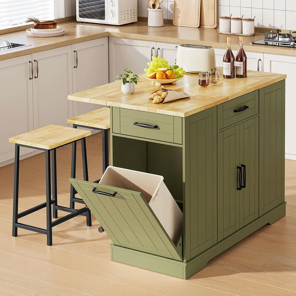 Sablecharm army green island with two stools and open tilt-out trash compartment