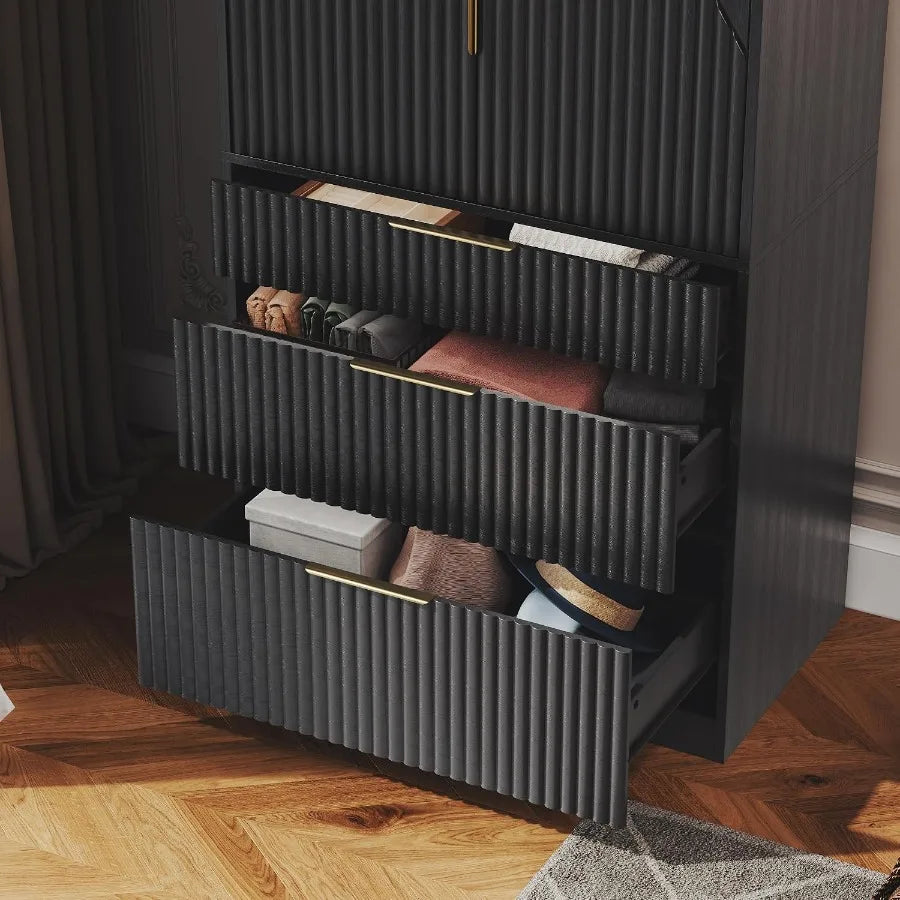 Unequal-height storage drawers with fluted fronts