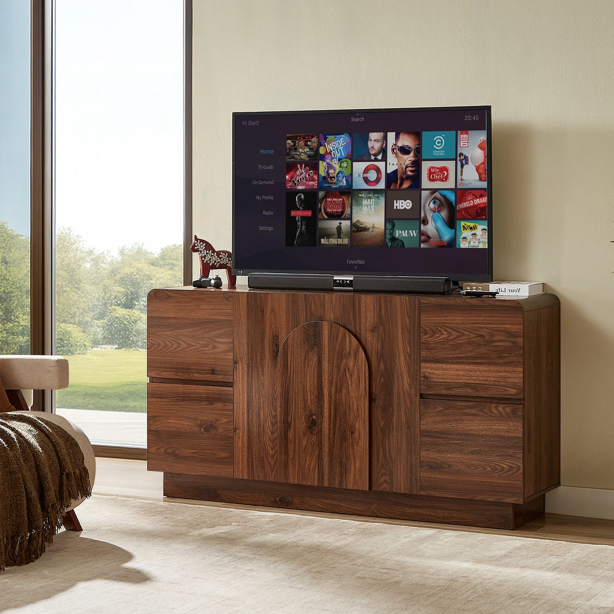 60-inch Walnut Brown Pearlrise beneath a television in a home setting