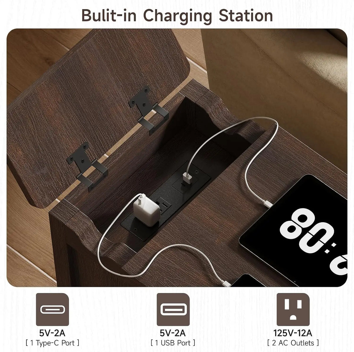 Gossamernote charging compartment with two AC outlets, one USB-A port and one USB-C port