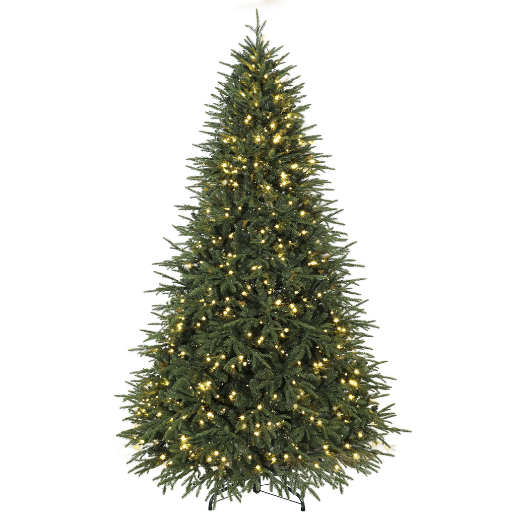Evergrand full pre-lit green Christmas tree with warm white LED lights and metal stand