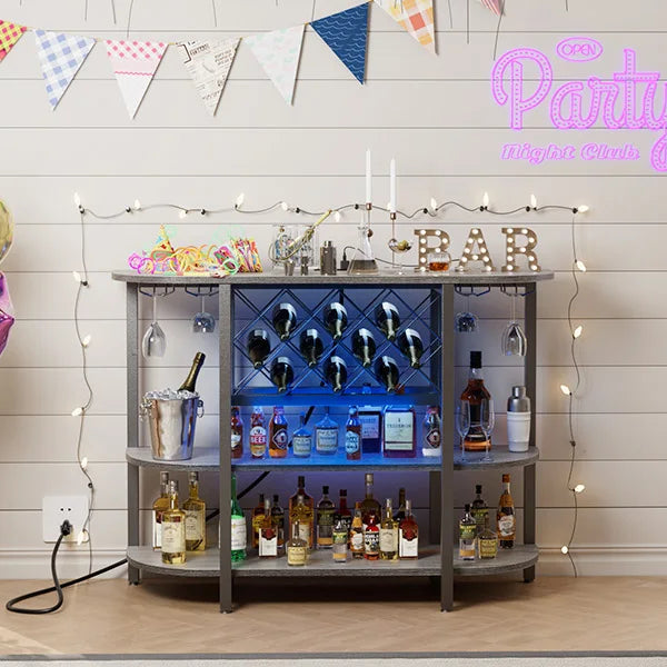 Modern living room with a bar cart, balloons, and a neon 'Happy' sign.