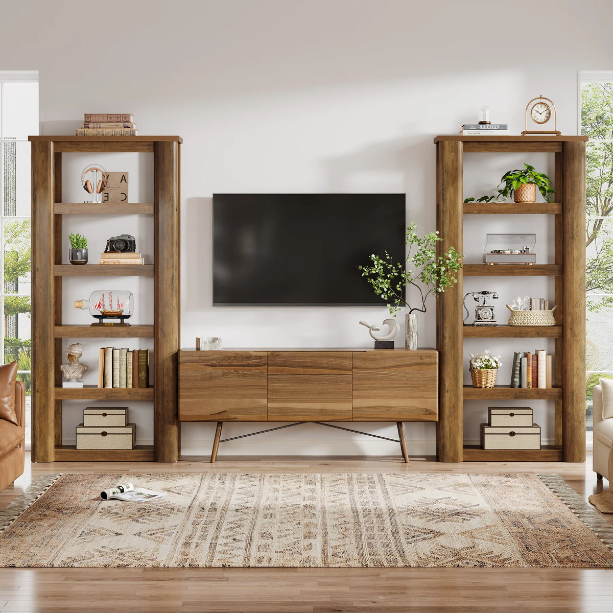 Two Marigoldecho bookcases flanking a television and media cabinet