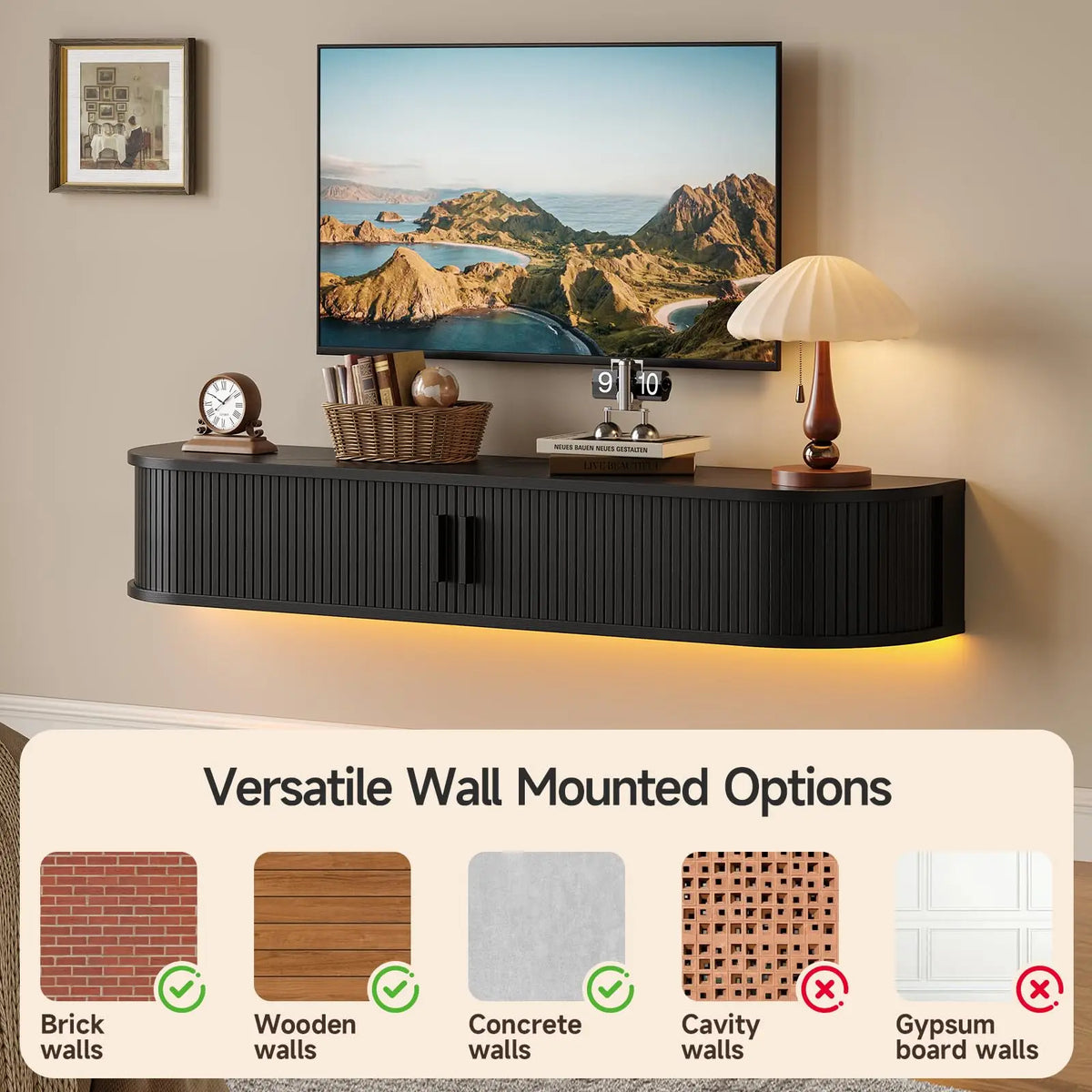 Wall-mounting graphic with checks for brick, wood and concrete walls and crosses for cavity and gypsum-board walls.