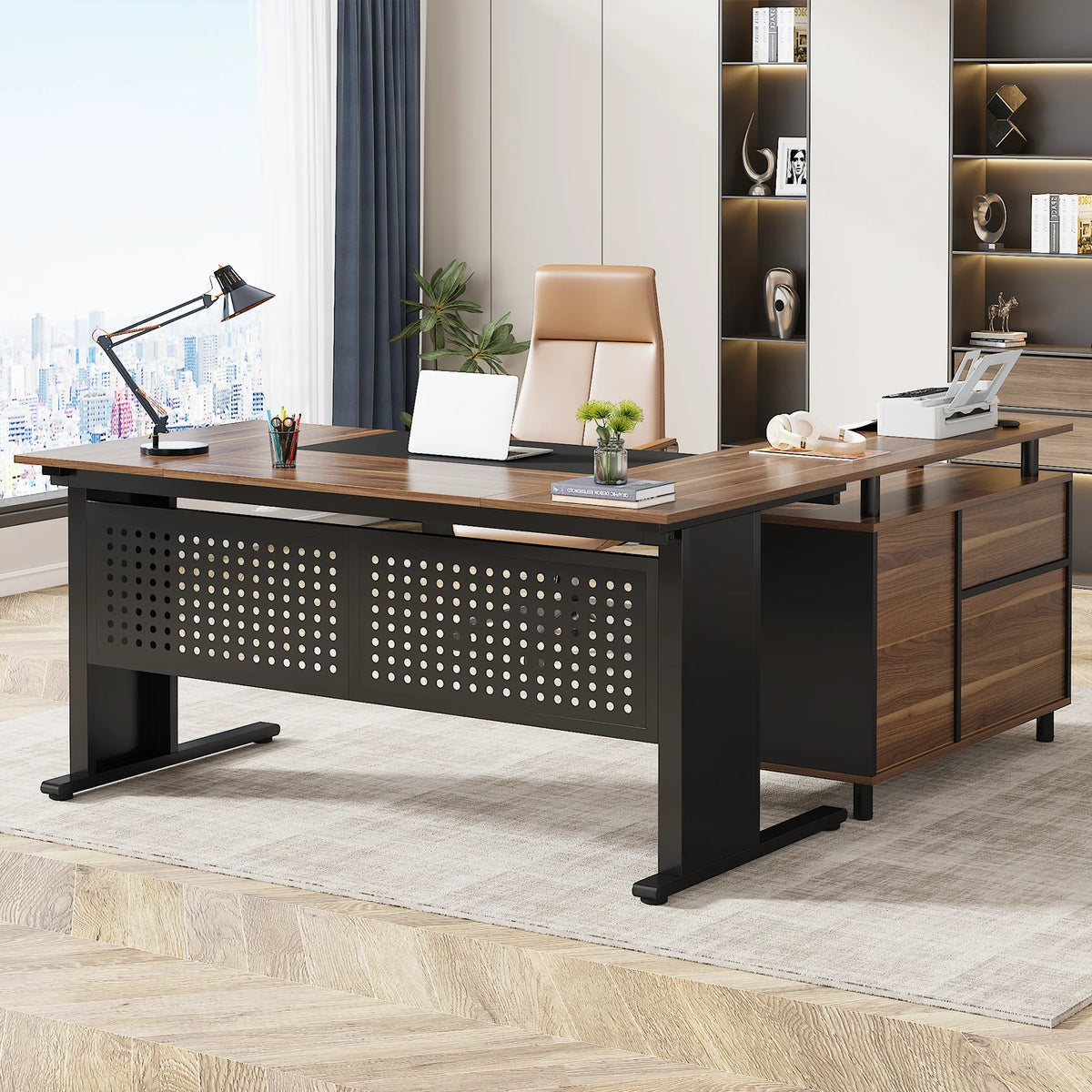 Cadencewhisper walnut desktop and black frame L-shaped desk with two drawers in right storage return