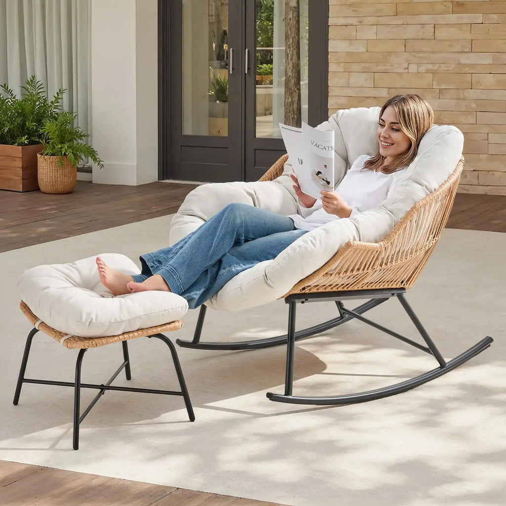 Harper Rattan Papasan Rocking Chair with Ottoman